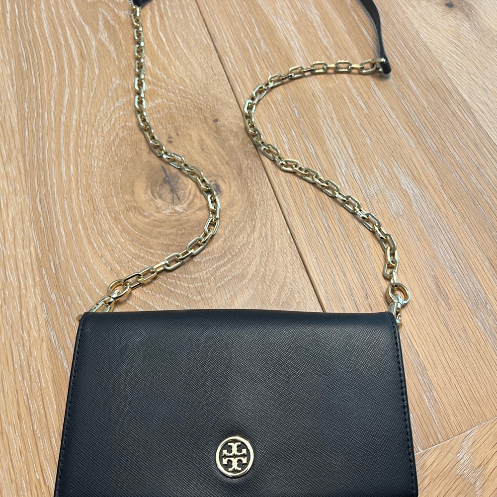 Tory Burch Black Leather Crossbody Bag with Gold Chain